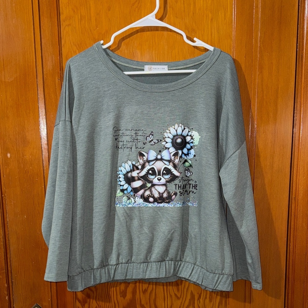 Gray Raccoon Print Long Sleeve Top